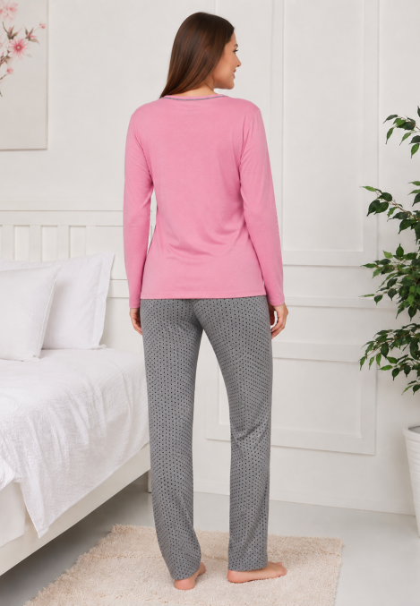 Pijama de damă cu bluză cu maneca lunga și pantaloni lung -Roz,Engros